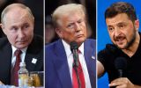 Presidente da Rússia, Vladmir Putin, presidente dos EUA, Donald Trump e presidente da Ucrânia, Volodymyr Zelensky.