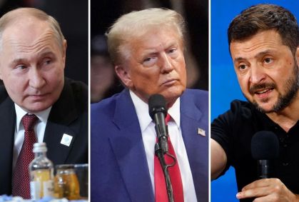 Presidente da Rússia, Vladmir Putin, presidente dos EUA, Donald Trump e presidente da Ucrânia, Volodymyr Zelensky.