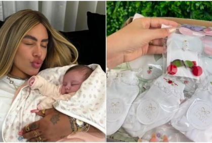 Rafaella Santos dá caixa cheia de presentes para a afilhada Helena, filha de Neymar e Amanda Kimberlly