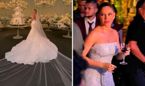 Brilhosos e sem alças: veja vestidos de Camila Ângelo em casamento com Hulk