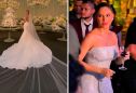 Brilhosos e sem alças: veja vestidos de Camila Ângelo em casamento com Hulk