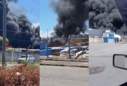 Incêncio de grandes proporções atingiu garagem de veículos escolares, em Lorena (SP)